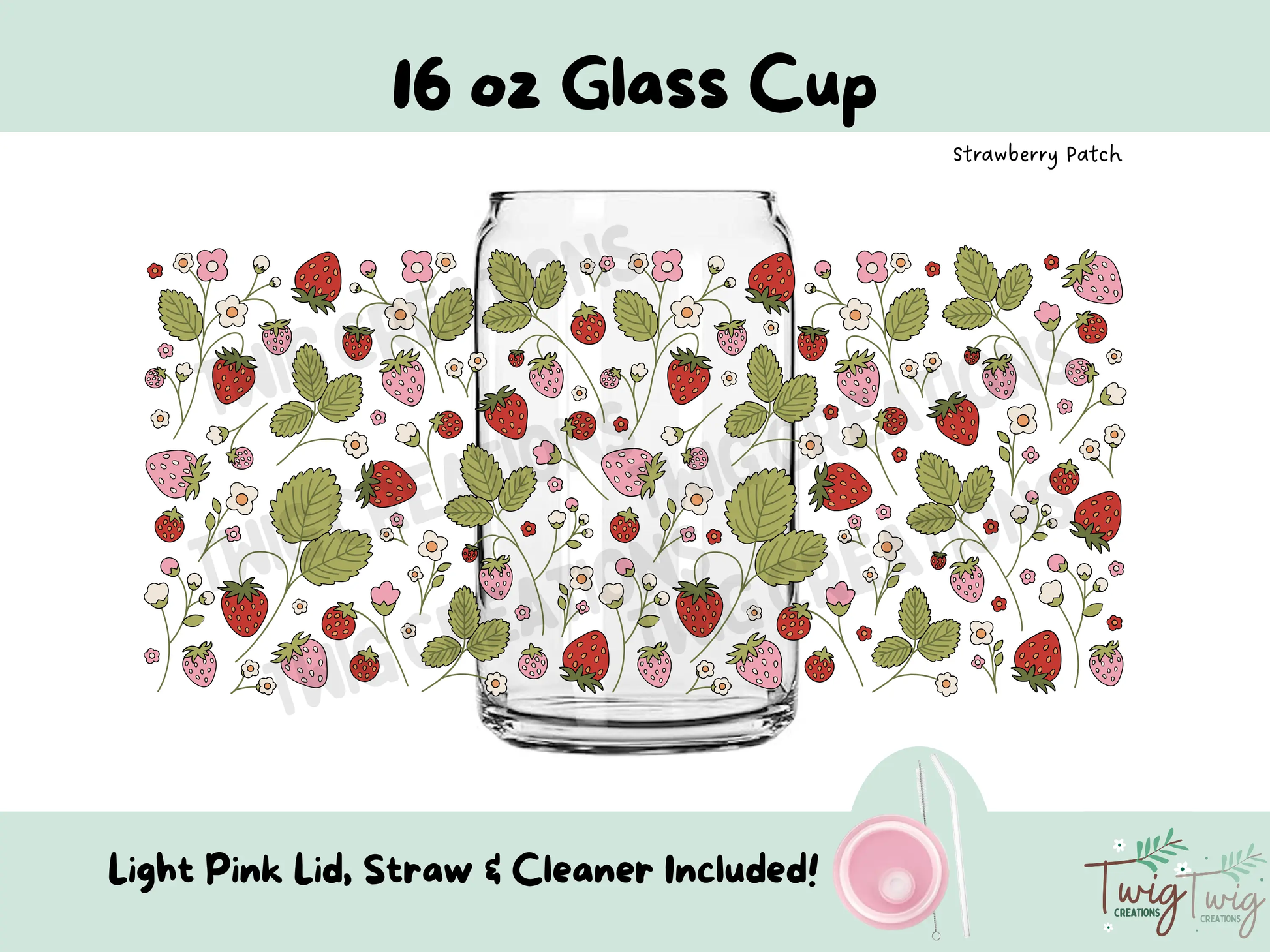 Strawberry Patch 16 oz Glass Cup Twig Creations