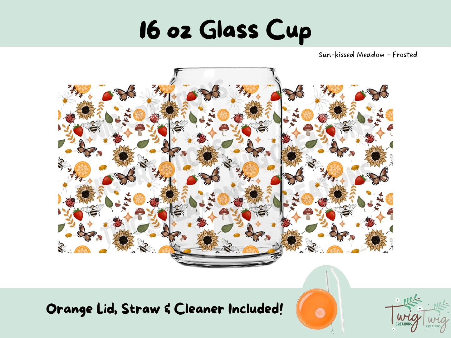Sun-kissed Meadow Frosted 16 oz Glass Cup Twig Creations