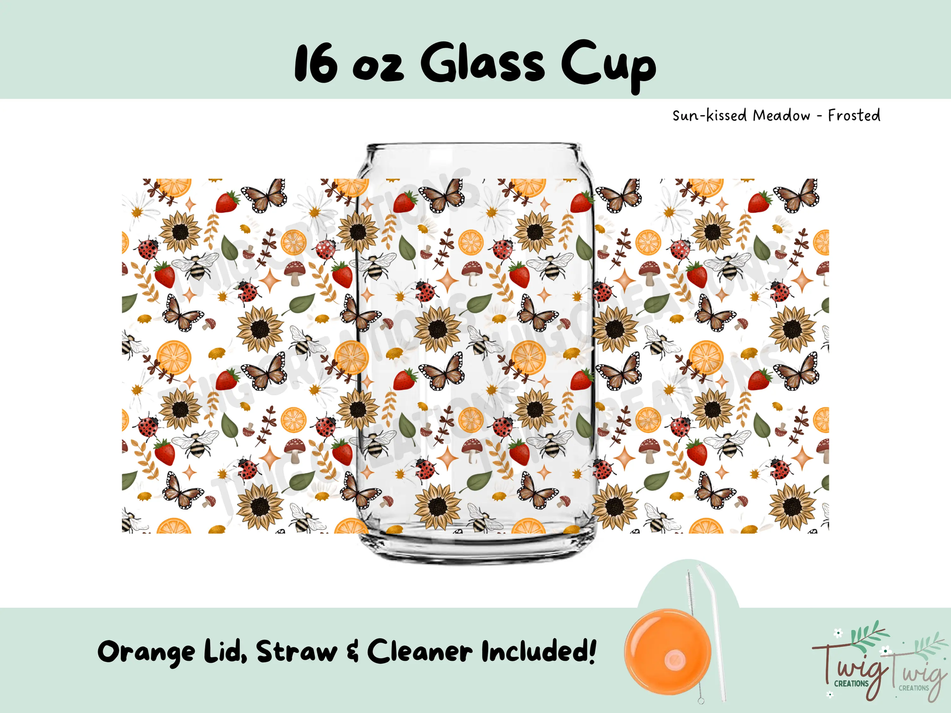 Sun-kissed Meadow Frosted 16 oz Glass Cup Twig Creations