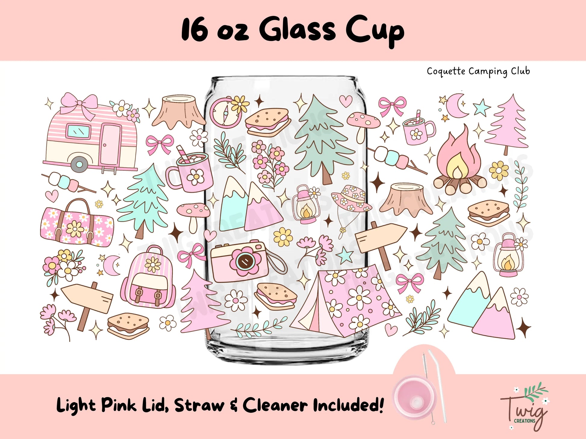 The Coquette Camper 16 oz Glass Cup Twig Creations